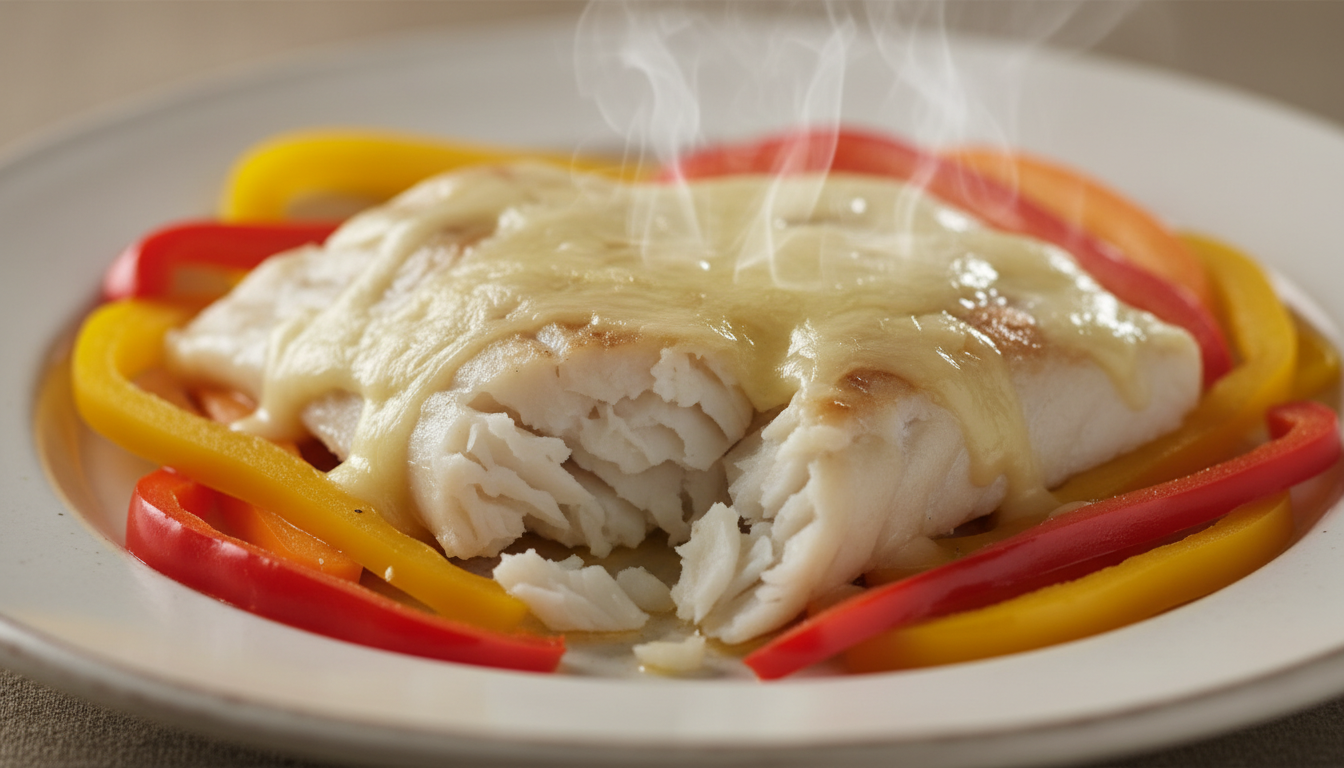 découvrez notre recette de cabillaud en papillote, délicatement fondant au fromage, accompagné d'éclats de poivrons colorés pour un plat savoureux et léger.