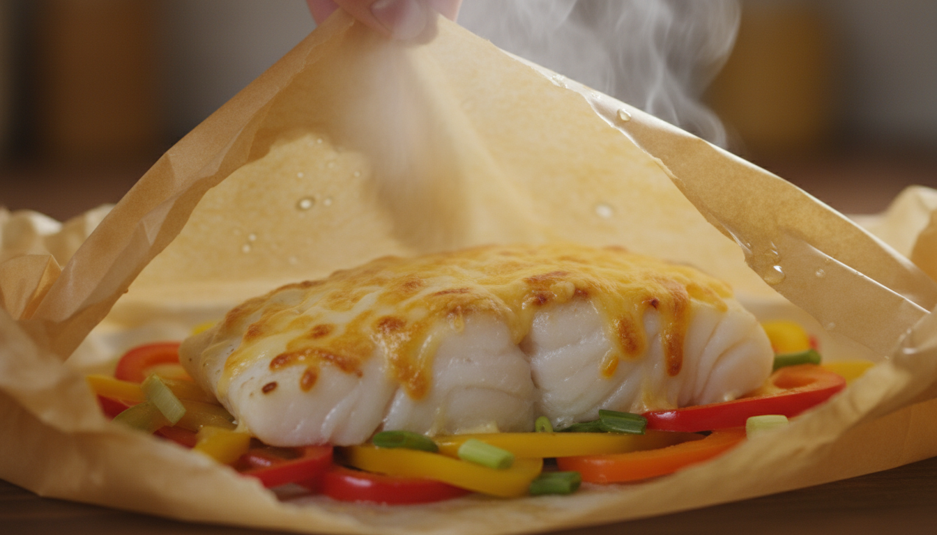 découvrez notre recette de cabillaud en papillote, délicatement fondant au fromage, accompagné d'éclats de poivrons colorés pour un plat savoureux et léger.