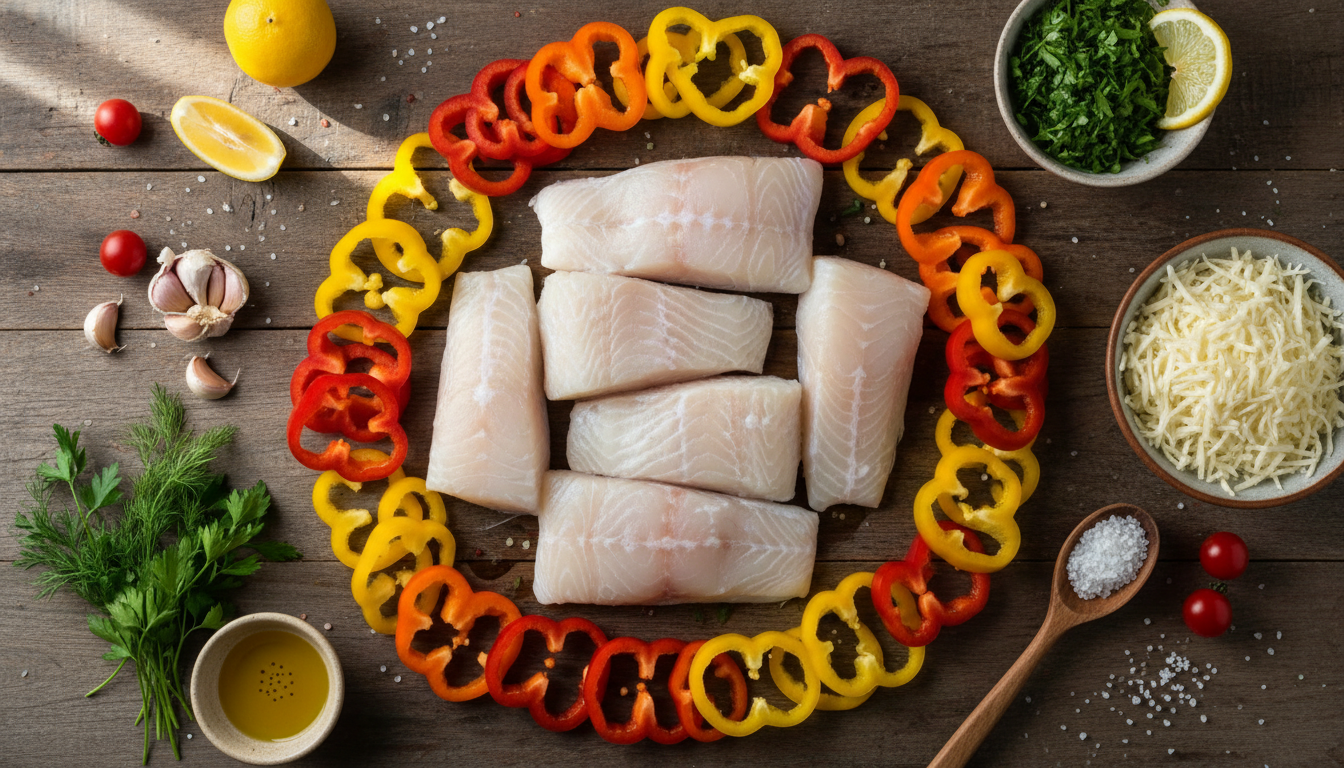 découvrez notre recette de cabillaud en papillote, délicatement fondant au fromage, accompagné d'éclats de poivrons colorés pour un plat savoureux et sain.