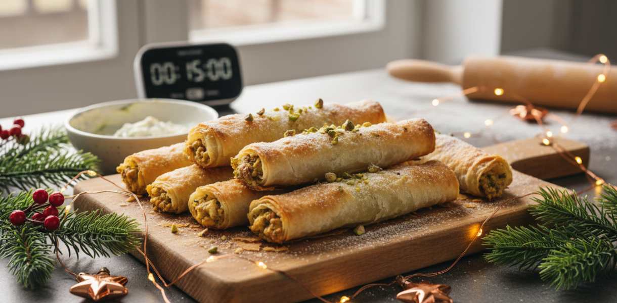 découvrez la recette express de roulés en pâte filo, prêts en 15 minutes, parfaits pour réussir vos fêtes rapidement et délicieusement.