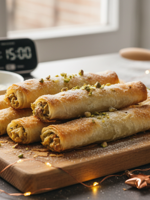 découvrez la recette express de roulés en pâte filo, prêts en 15 minutes, parfaits pour réussir vos fêtes rapidement et délicieusement.