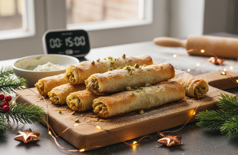 découvrez la recette express de roulés en pâte filo, prêts en 15 minutes, parfaits pour réussir vos fêtes rapidement et délicieusement.