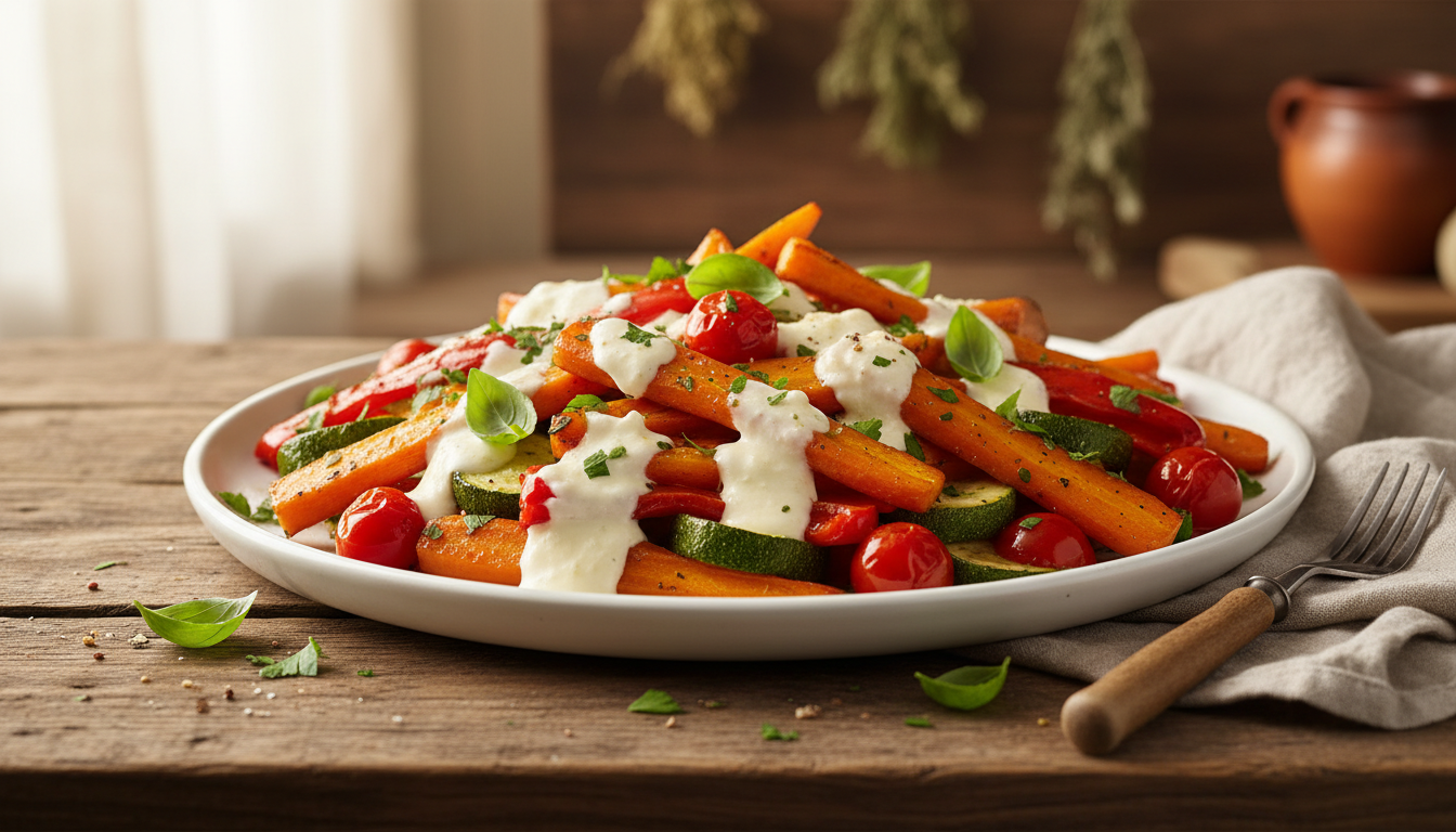 découvrez une recette simple et savoureuse de légumes rôtis nappés d'une sauce crémeuse au fromage frais, idéale pour un plat gourmand et délicieux.