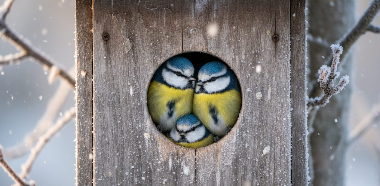 découvrez comment un abri en bois installé à l'extérieur peut offrir une protection essentielle aux mésanges durant l'hiver, les aidant à survivre aux conditions froides.