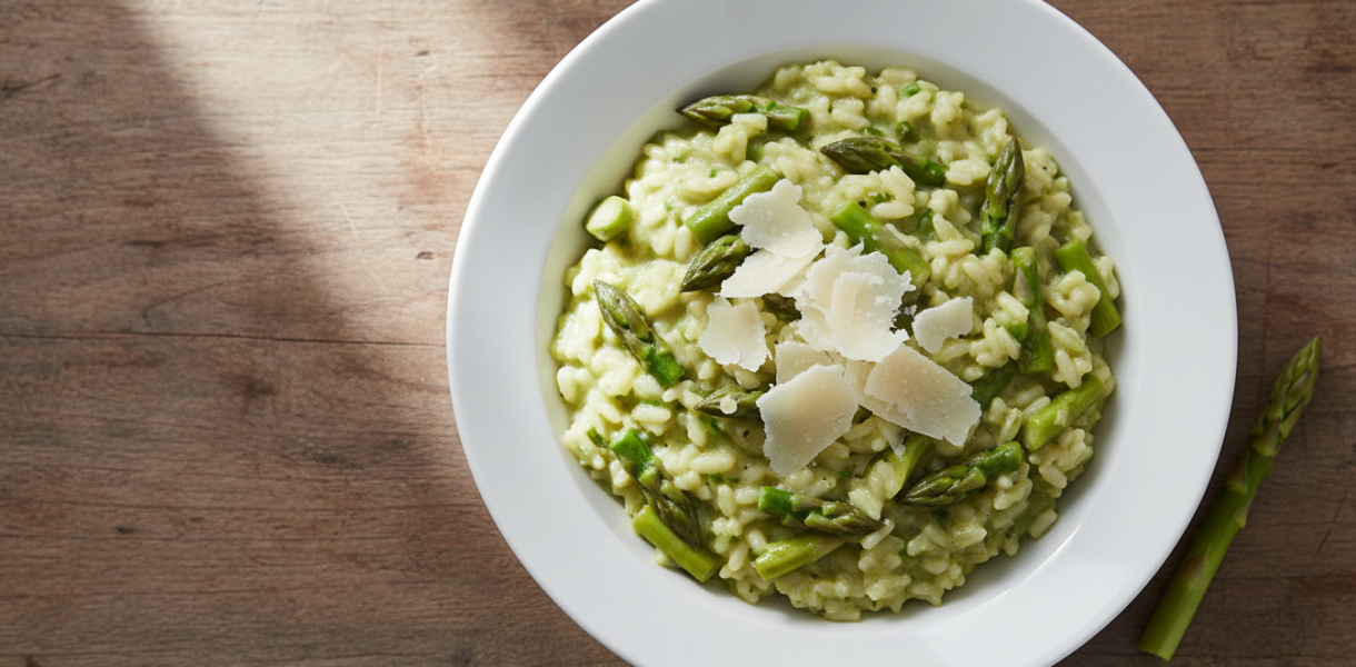 découvrez notre risotto printanier aux asperges vertes et parmesan, une douceur veloutée pleine de saveurs fraîches à savourer dès maintenant.