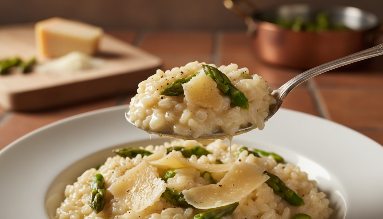 découvrez notre risotto printanier aux asperges vertes et parmesan, une recette veloutée et savoureuse idéale pour célébrer la saison avec douceur et gourmandise.