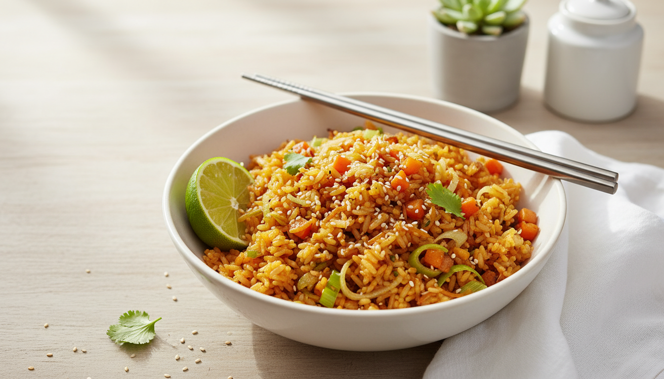 découvrez ma recette healthy et rapide de riz sauté aux carottes et poireaux, relevé d'une délicieuse sauce soja pour un dîner savoureux et équilibré.