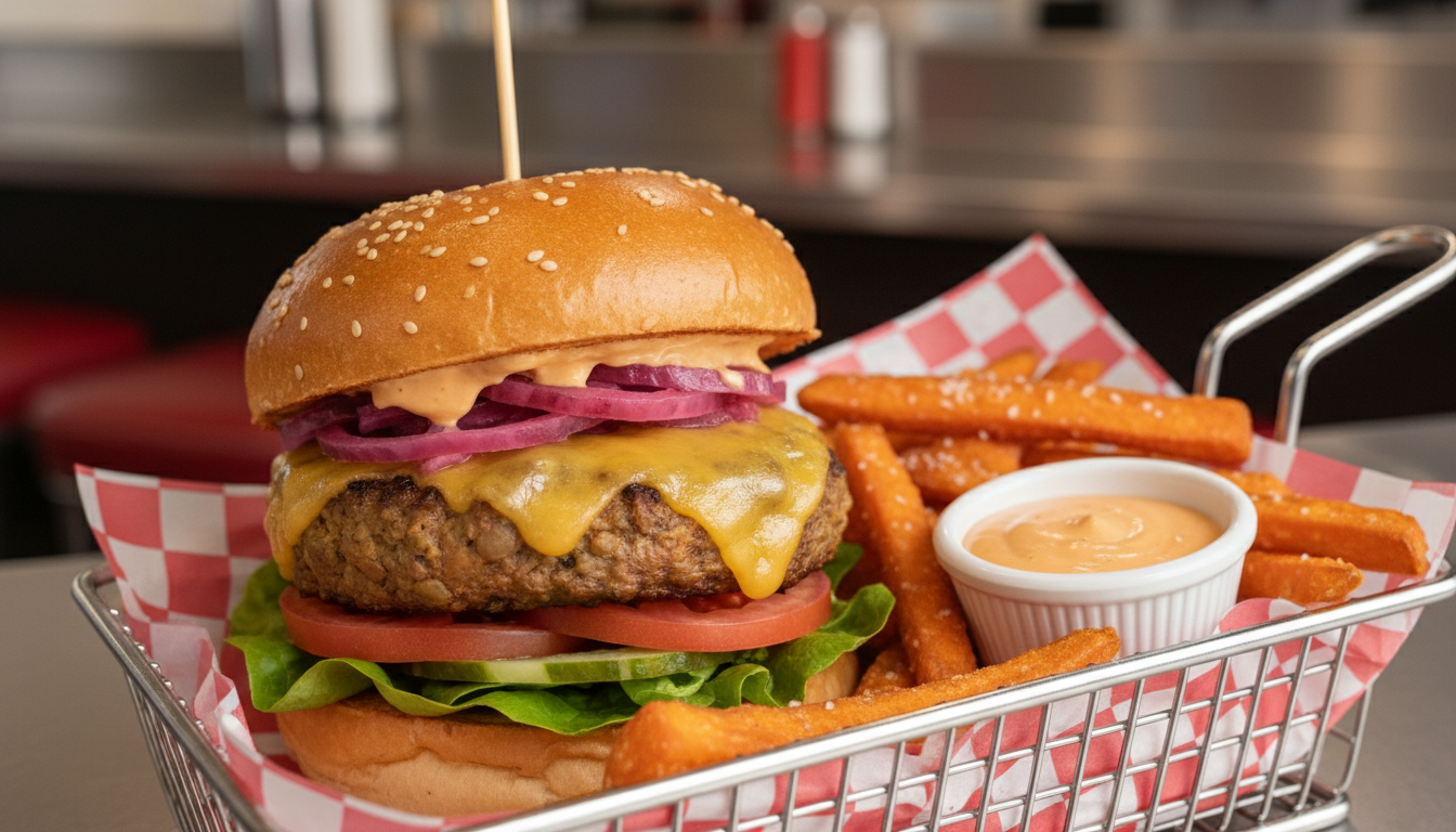 découvrez notre burger végétarien gourmand avec fromage fondant et oignons marinés, une explosion de saveurs irrésistibles pour un repas savoureux et équilibré.