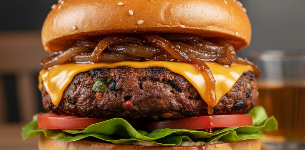 découvrez un burger végétarien gourmand avec fromage fondant et oignons marinés, une explosion de saveurs irrésistibles pour vos papilles.