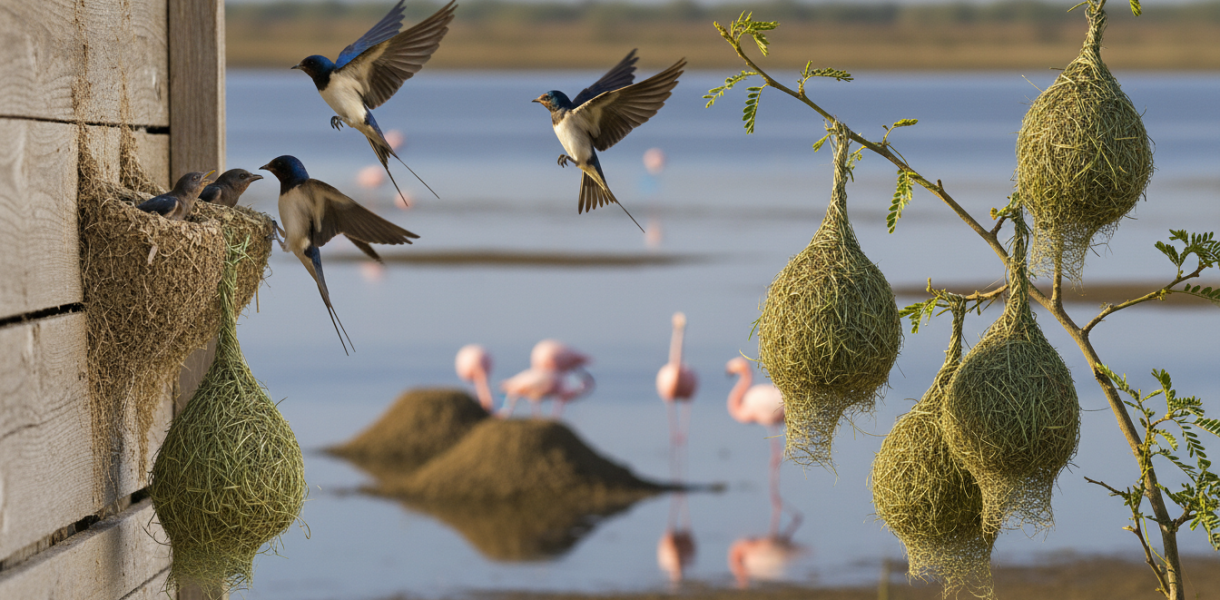 découvrez les tisserins, hirondelles et flamants, maîtres architectes de la nature, et explorez leurs nids extraordinaires, véritables merveilles d’ingénierie animale.