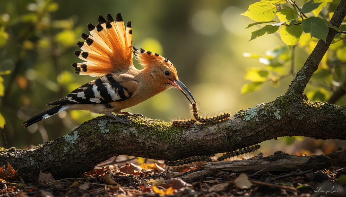 découvrez les secrets fascinants de la huppe fasciée, une chasseresse implacable qui lutte efficacement contre les chenilles processionnaires, protégeant ainsi la nature avec vigilance et élégance.