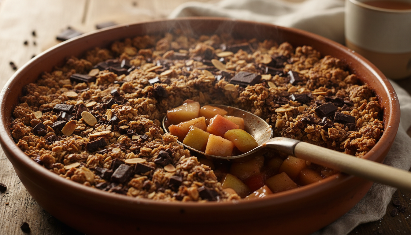 découvrez notre recette de crumble pommes-cacao, une douceur légère et gourmande à savourer sans culpabilité. parfait pour un dessert sain et délicieux.