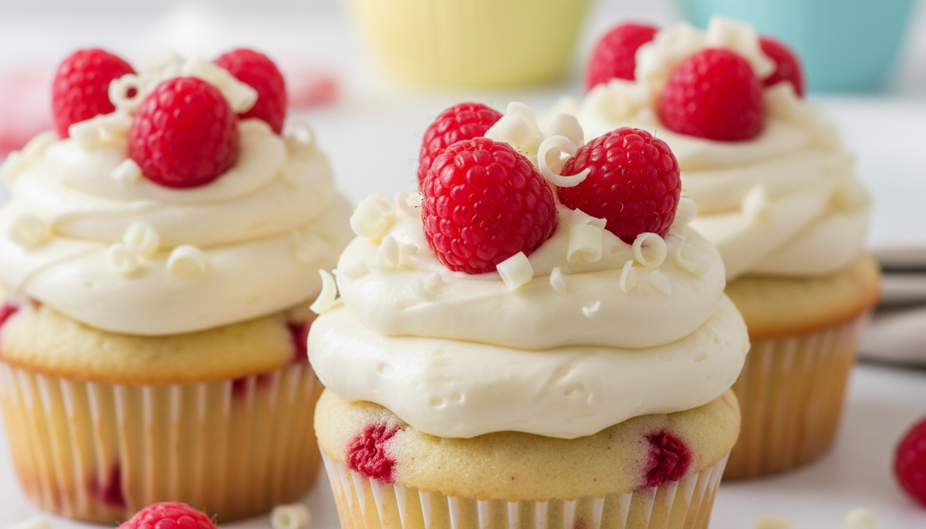 découvrez nos cupcakes gourmands vanille-framboise, garnis d'une crème onctueuse au fromage frais et nappés d'un chocolat blanc fondant pour un plaisir sucré irrésistible.