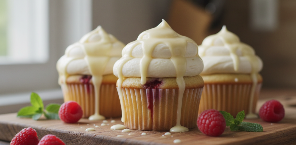 découvrez nos cupcakes gourmands vanille-framboise, garnis d'une crème au fromage frais légère et d'un nappage onctueux au chocolat blanc, pour une gourmandise parfaite et raffinée.