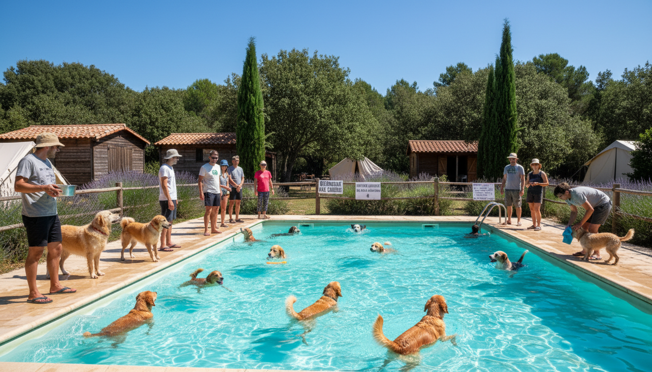 dans l'aude, un camping solidaire ouvre sa piscine pour offrir un refuge rafraîchissant et sécurisé aux chiens durant les périodes de forte chaleur.