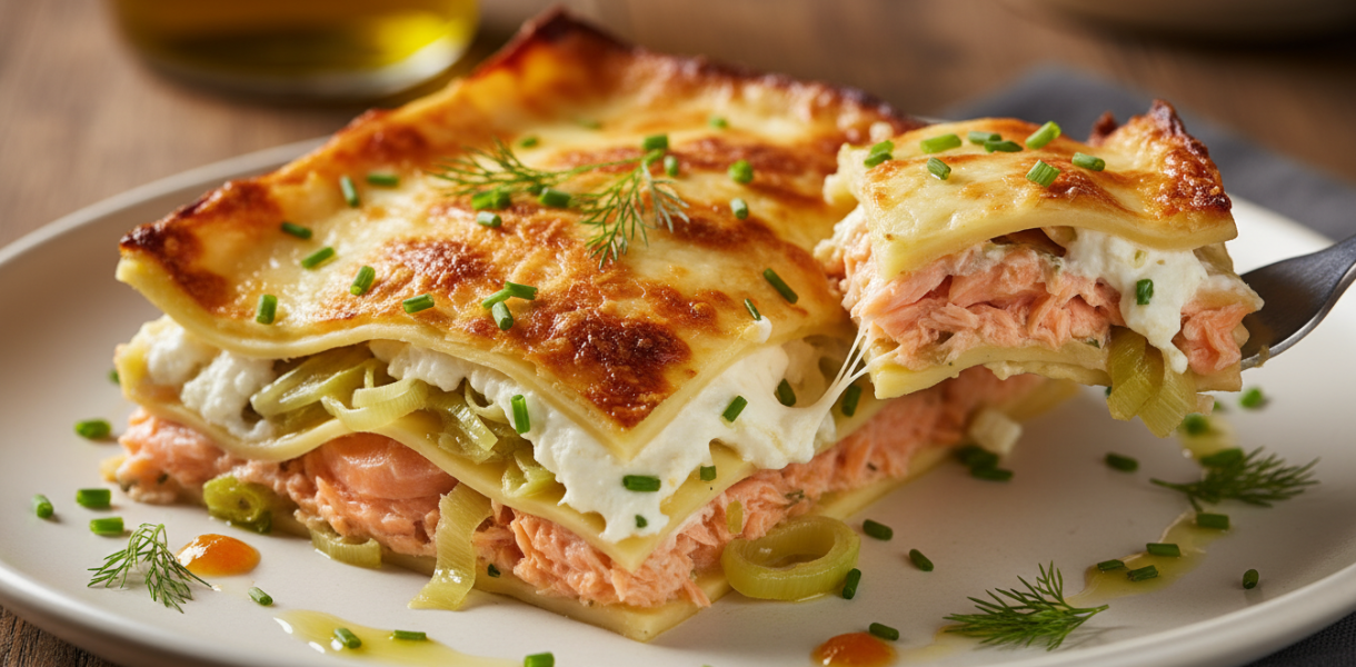 découvrez notre recette de lasagnes au saumon, poireaux fondants et fromage frais, une combinaison généreuse et savoureuse qui ravira vos papilles à chaque bouchée.