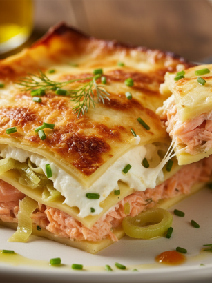 découvrez notre recette de lasagnes au saumon, poireaux fondants et fromage frais, une combinaison généreuse et savoureuse qui ravira vos papilles à chaque bouchée.