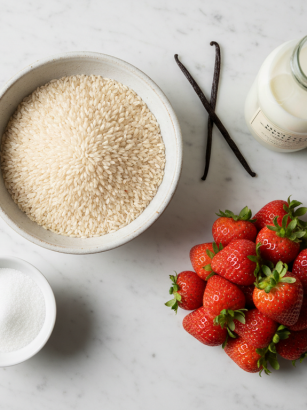 découvrez notre riz au lait vanillé crémeux, délicatement sublimé par un coulis frais et léger de fraises, pour une douceur gourmande et rafraîchissante.