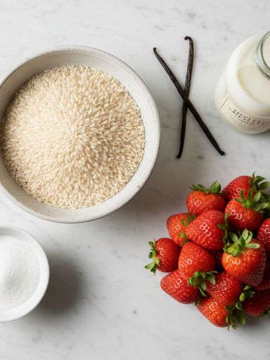 découvrez notre riz au lait vanillé crémeux, délicatement sublimé par un coulis frais et léger de fraises, pour une douceur gourmande et rafraîchissante.