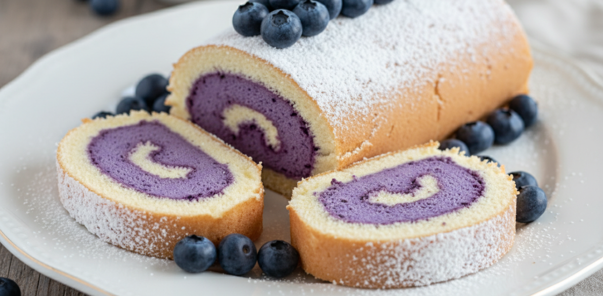 découvrez notre roulé gourmand à la mousse légère de myrtilles, un dessert aérien et fruité parfait pour une pause douceur.