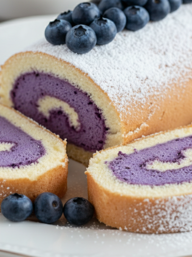 découvrez notre roulé gourmand à la mousse légère de myrtilles, un dessert aérien et fruité parfait pour une pause douceur.
