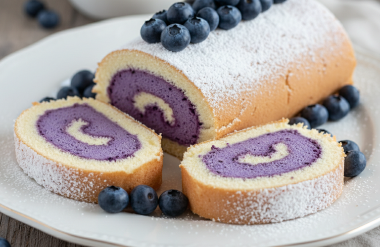 découvrez notre roulé gourmand à la mousse légère de myrtilles, un dessert aérien et fruité parfait pour une pause douceur.