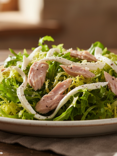 découvrez une recette simple et savoureuse de salade frisée gourmande au thon et mèches de fromage frais, idéale pour un repas léger et délicieux.