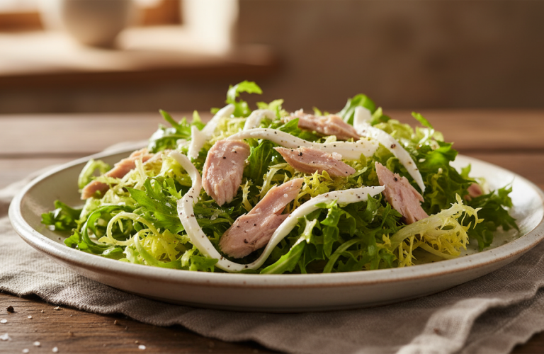 découvrez une recette simple et savoureuse de salade frisée gourmande au thon et mèches de fromage frais, idéale pour un repas léger et délicieux.