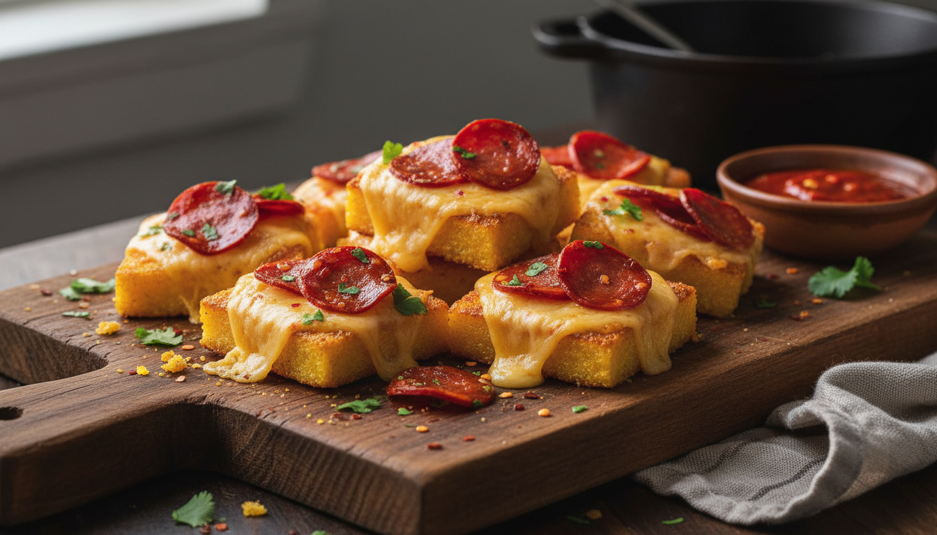 découvrez notre toast de polenta gourmand, garni de fromage fondant et chorizo épicé, pour une explosion de saveurs croustillantes qui ravira vos papilles.