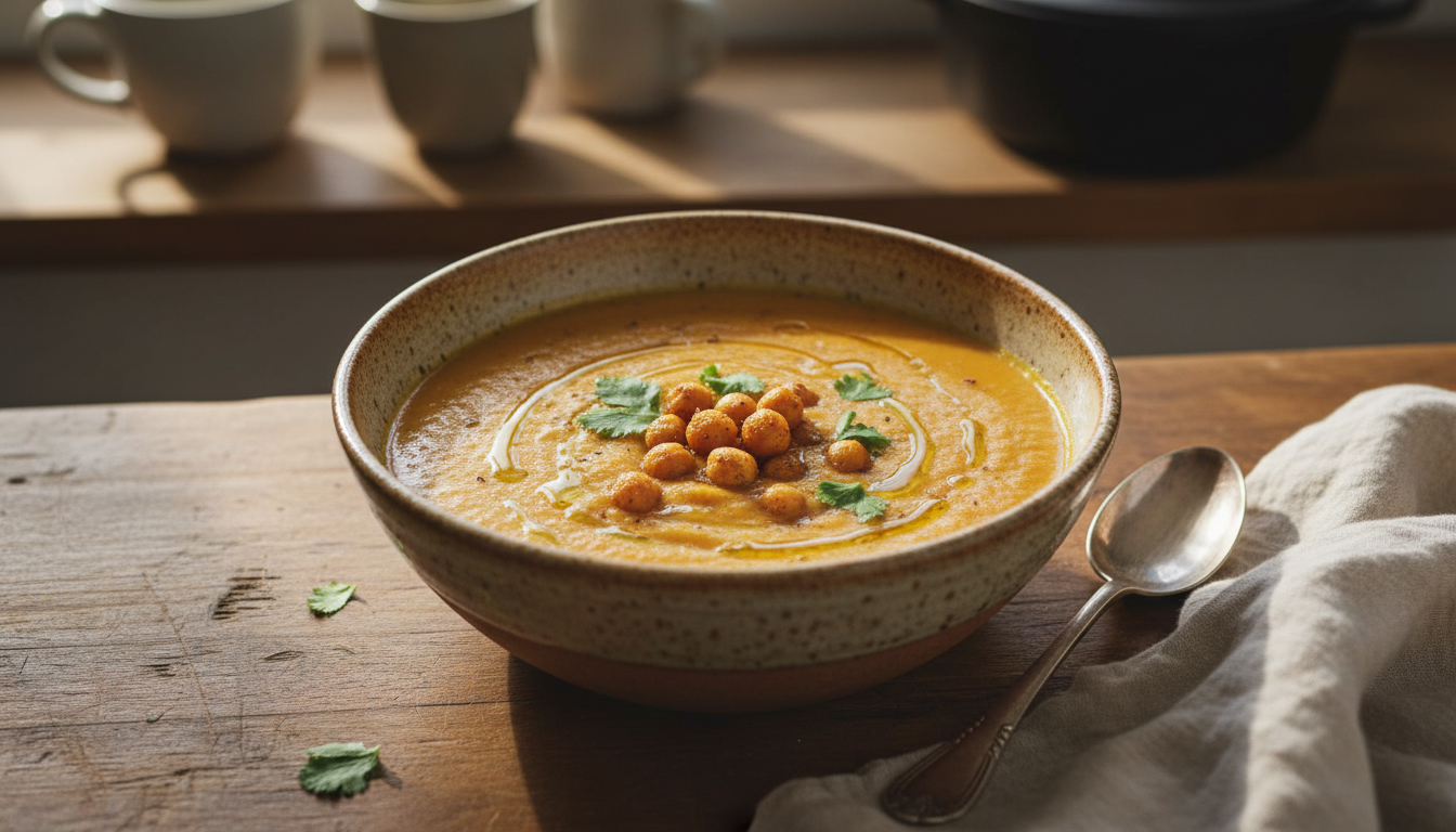 découvrez notre velouté de pois chiches et carottes au cumin, une recette saine, savoureuse et rapide à préparer, idéale pour un dîner réconfortant lors des soirées paresseuses.