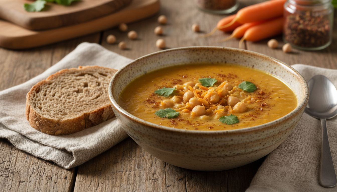 découvrez notre recette facile et saine de velouté de pois chiches et carottes au cumin, parfaite pour un dîner rapide et savoureux lors de vos soirées paresseuses.