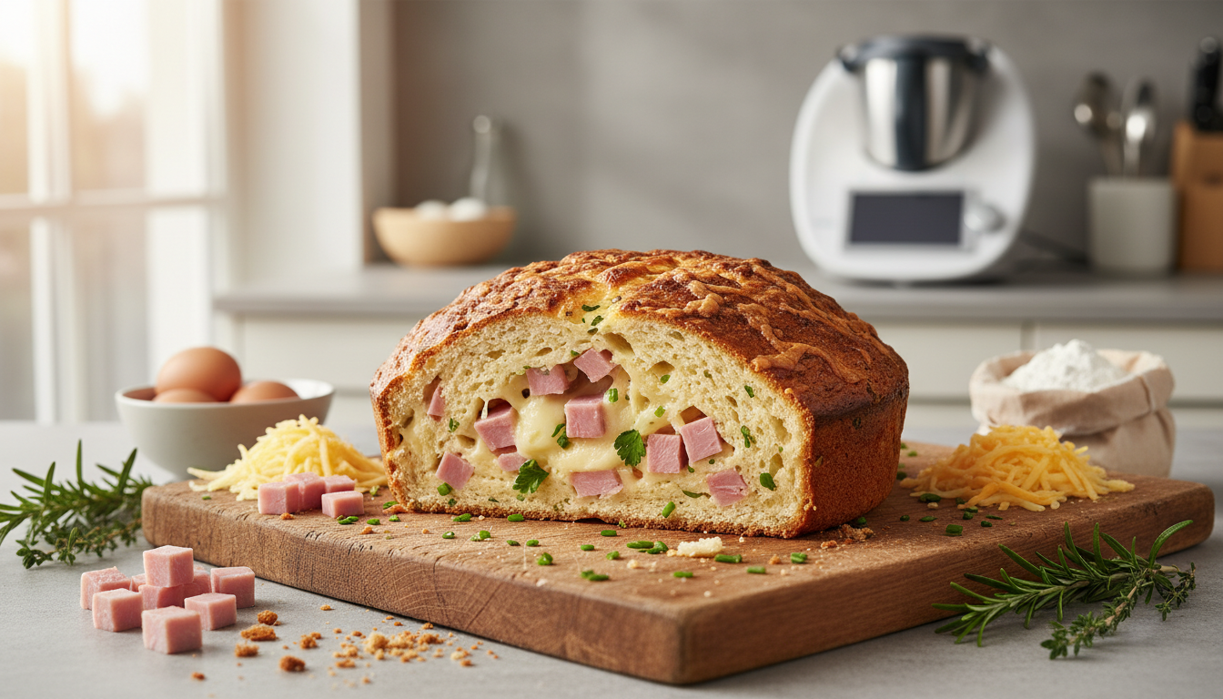découvrez notre recette simple et rapide de cake jambon-fromage gourmand, à réaliser facilement avec votre thermomix pour un délicieux repas convivial.