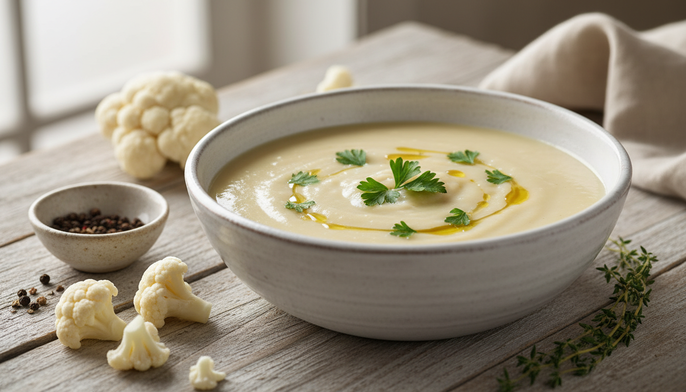 savourez une soupe veloutée au chou-fleur légère et facile à préparer, idéale pour un repas sain et sans culpabilité.