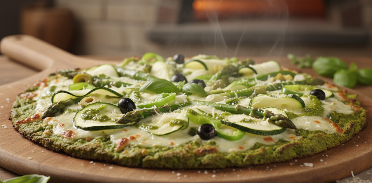 découvrez délice vert, une pizza légère et savoureuse au pesto d’épinards, posée sur une croûte croquante de brocoli pour une expérience gourmande et saine.