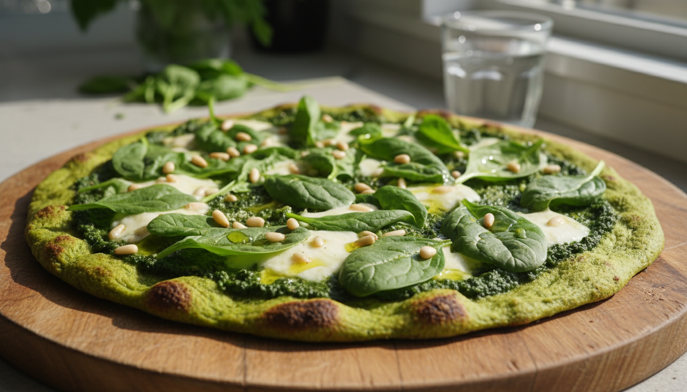 découvrez délice vert, la pizza légère et savoureuse avec un pesto d’épinards frais sur une croûte croquante de brocoli, idéale pour un repas sain et gourmand.