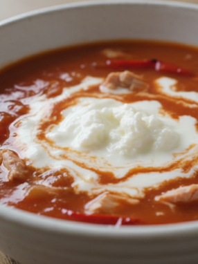 savourez un velouté onctueux de poivrons et thon, délicatement nappé de fromage frais, pour un délice crémeux et raffiné.