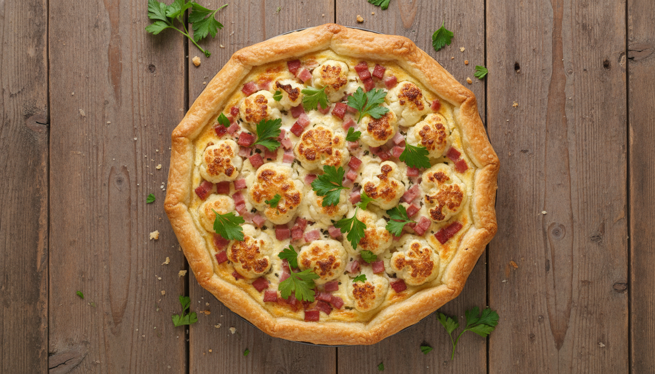 découvrez notre tarte légère au chou-fleur, jambon savoureux et une touche de muscade, une recette pleine de saveurs idéale pour un repas gourmand et équilibré.