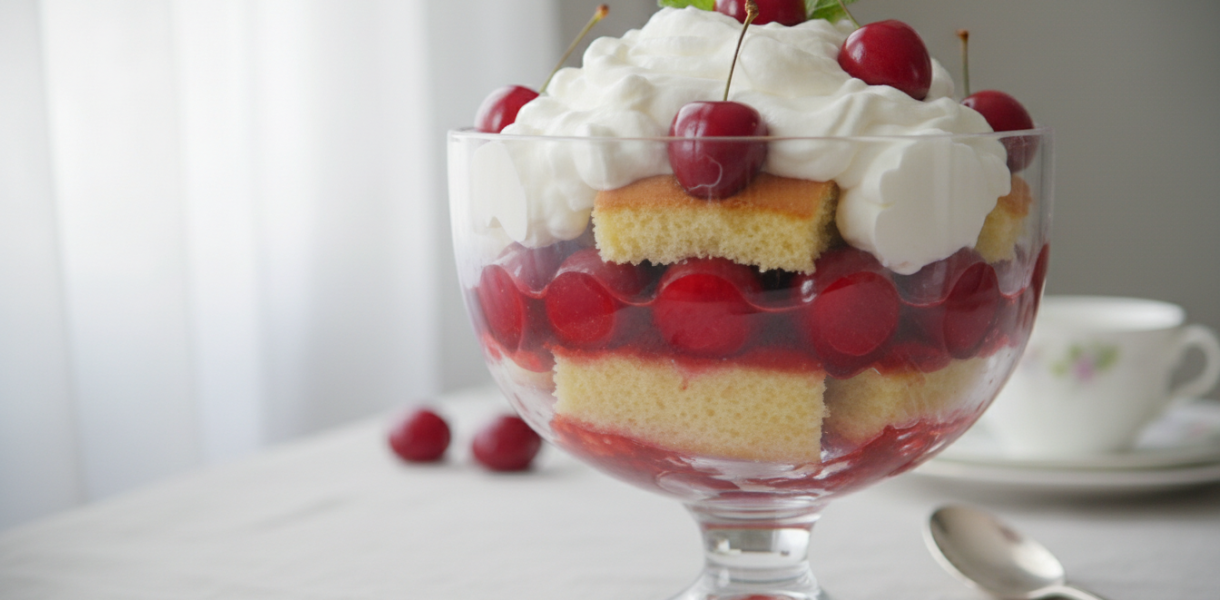 découvrez la recette du trifle aux cerises nappées d’un sirop subtil, une douceur aérienne parfaite pour un dessert léger et fruité.