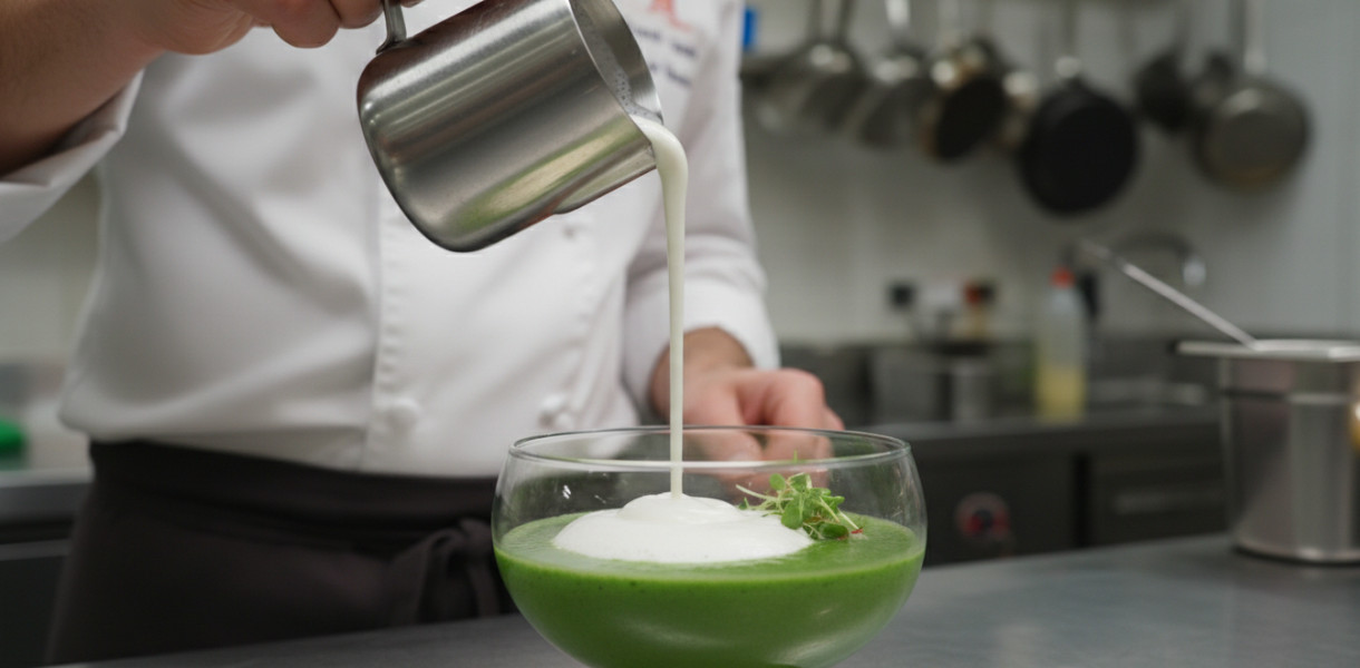 découvrez une alliance audacieuse avec notre cappuccino doux aux saveurs originales de petits pois et jambon, pour une élégance gourmande en tasse.
