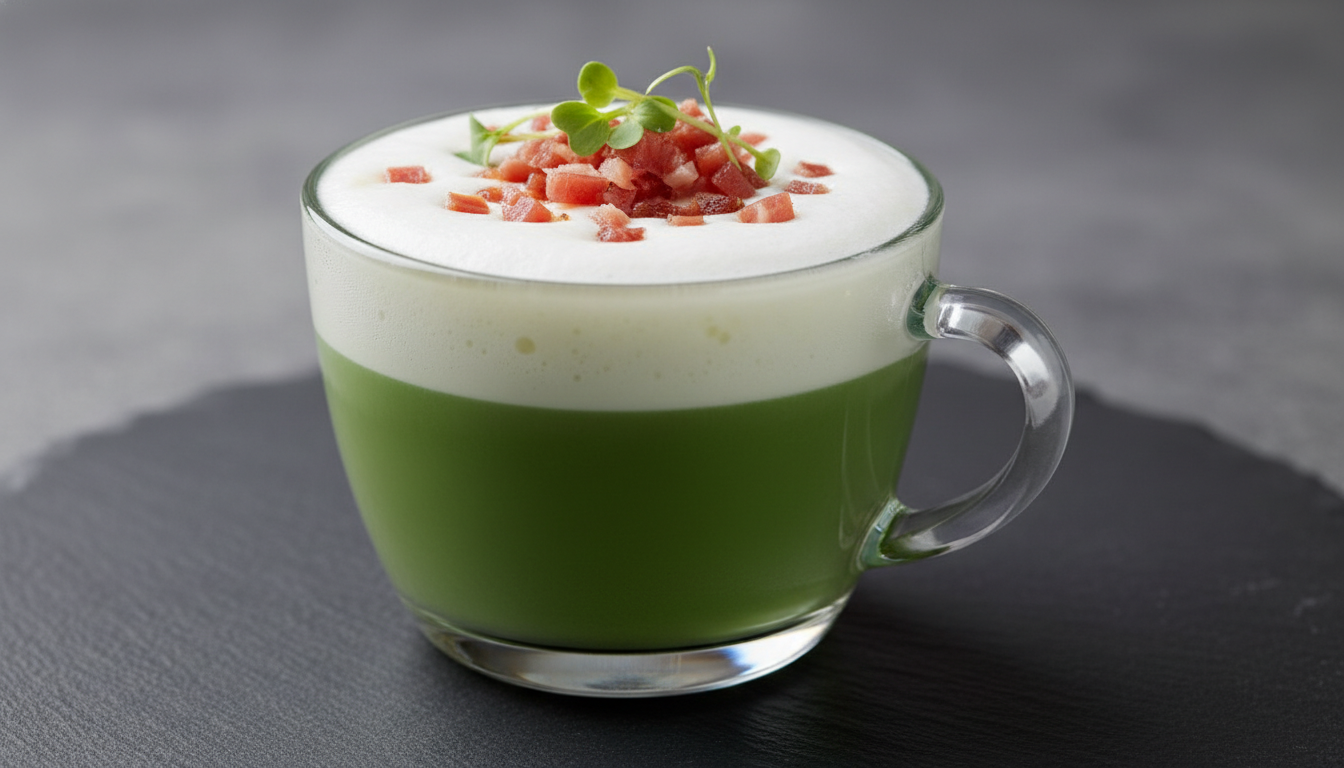 découvrez l'élégance en tasse avec notre cappuccino doux aux saveurs originales de petits pois et jambon, une création gourmande qui ravira vos papilles.