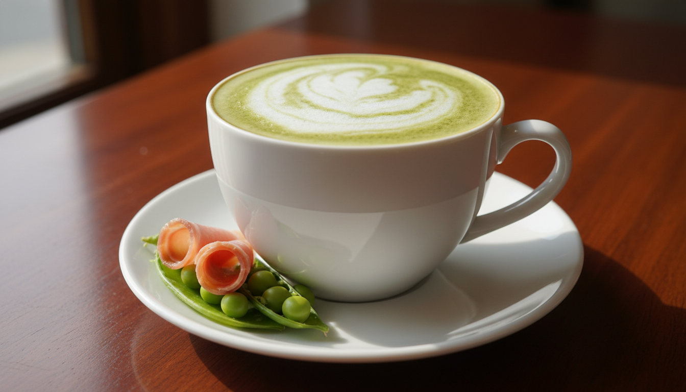 découvrez l'élégance en tasse avec notre cappuccino doux aux saveurs surprenantes de petits pois et jambon, une expérience gourmande et raffinée.