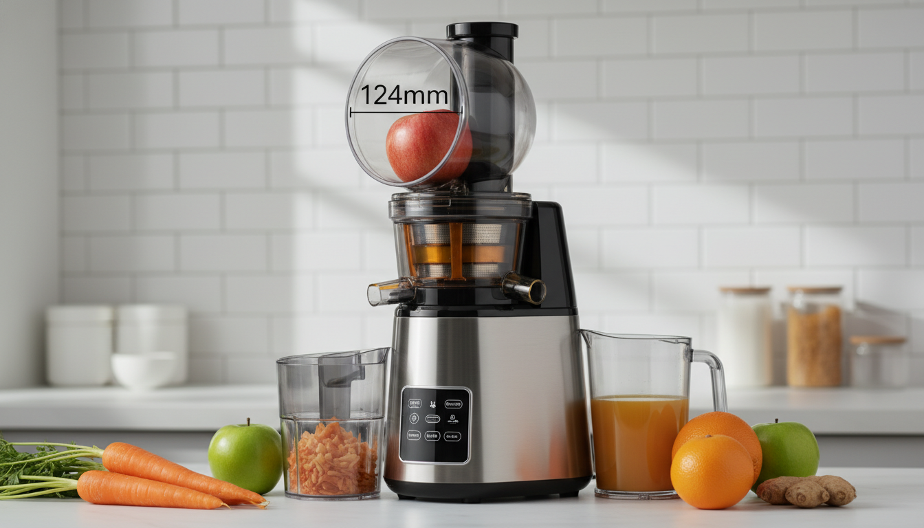 découvrez l'extracteur de jus anybear 350w avec une goulotte extra-large de 124 mm, conçu pour un pressage facile et efficace. profitez de jus frais en un instant avec une puissance optimale et un design pratique.