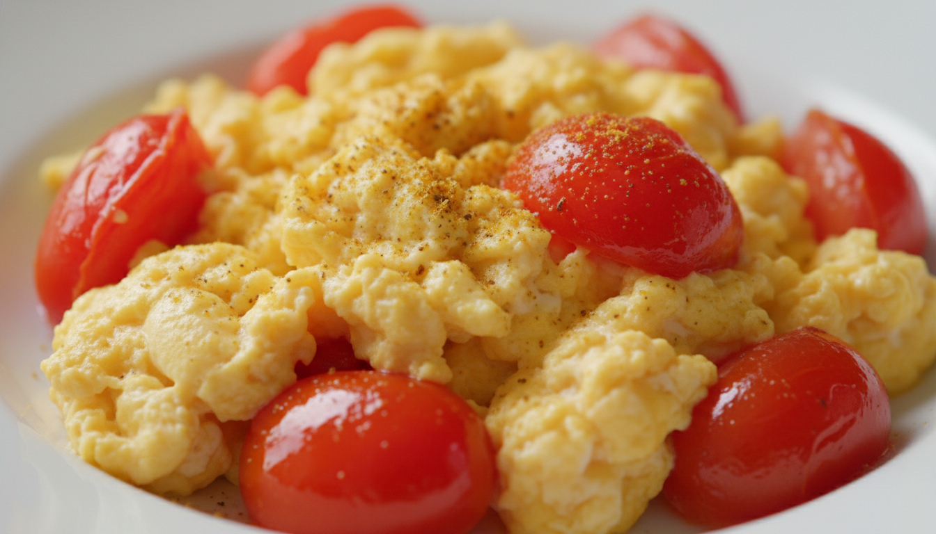 découvrez la recette parfaite d'œufs brouillés aux tomates fraîches et épices ensoleillées, alliant douceur et saveurs méditerranéennes pour un petit-déjeuner gourmand.