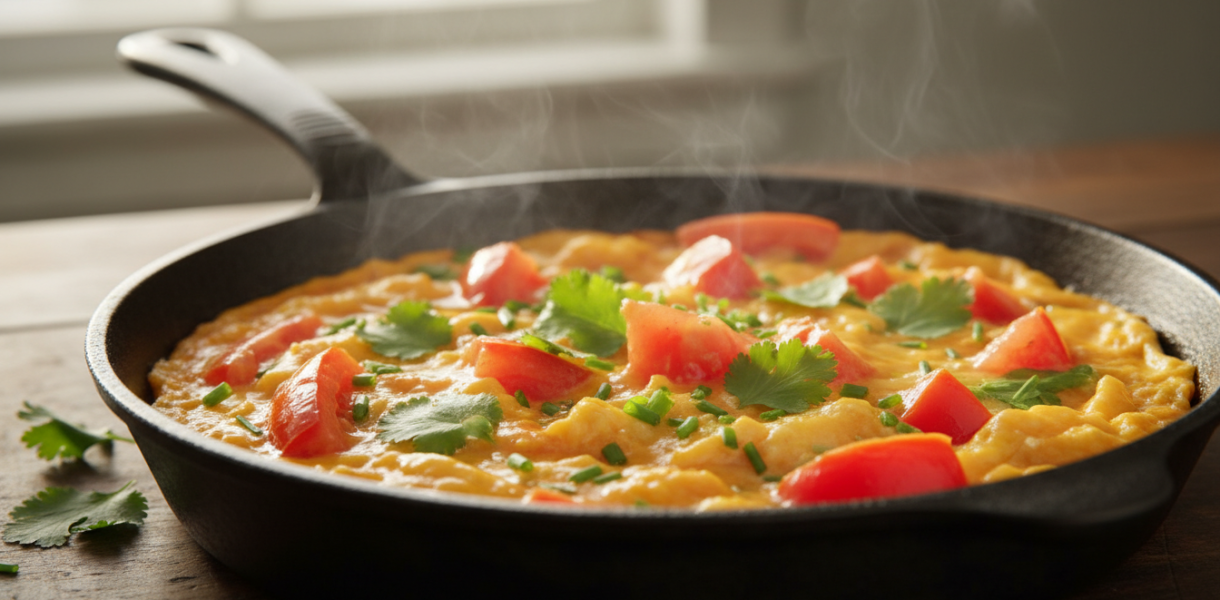 découvrez une recette savoureuse d'œufs brouillés délicats, agrémentés de tomates juteuses et d'épices ensoleillées pour un petit-déjeuner plein de fraîcheur et de saveurs.