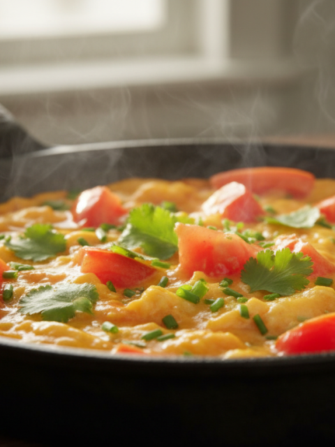 découvrez une recette savoureuse d'œufs brouillés délicats, agrémentés de tomates juteuses et d'épices ensoleillées pour un petit-déjeuner plein de fraîcheur et de saveurs.