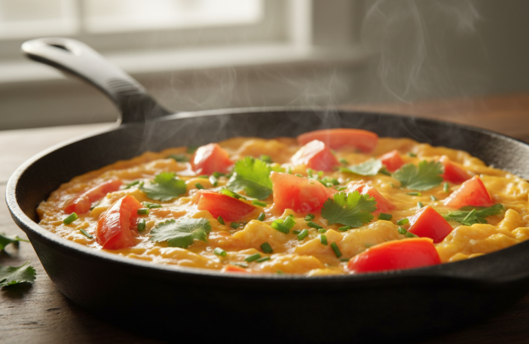 découvrez une recette savoureuse d'œufs brouillés délicats, agrémentés de tomates juteuses et d'épices ensoleillées pour un petit-déjeuner plein de fraîcheur et de saveurs.
