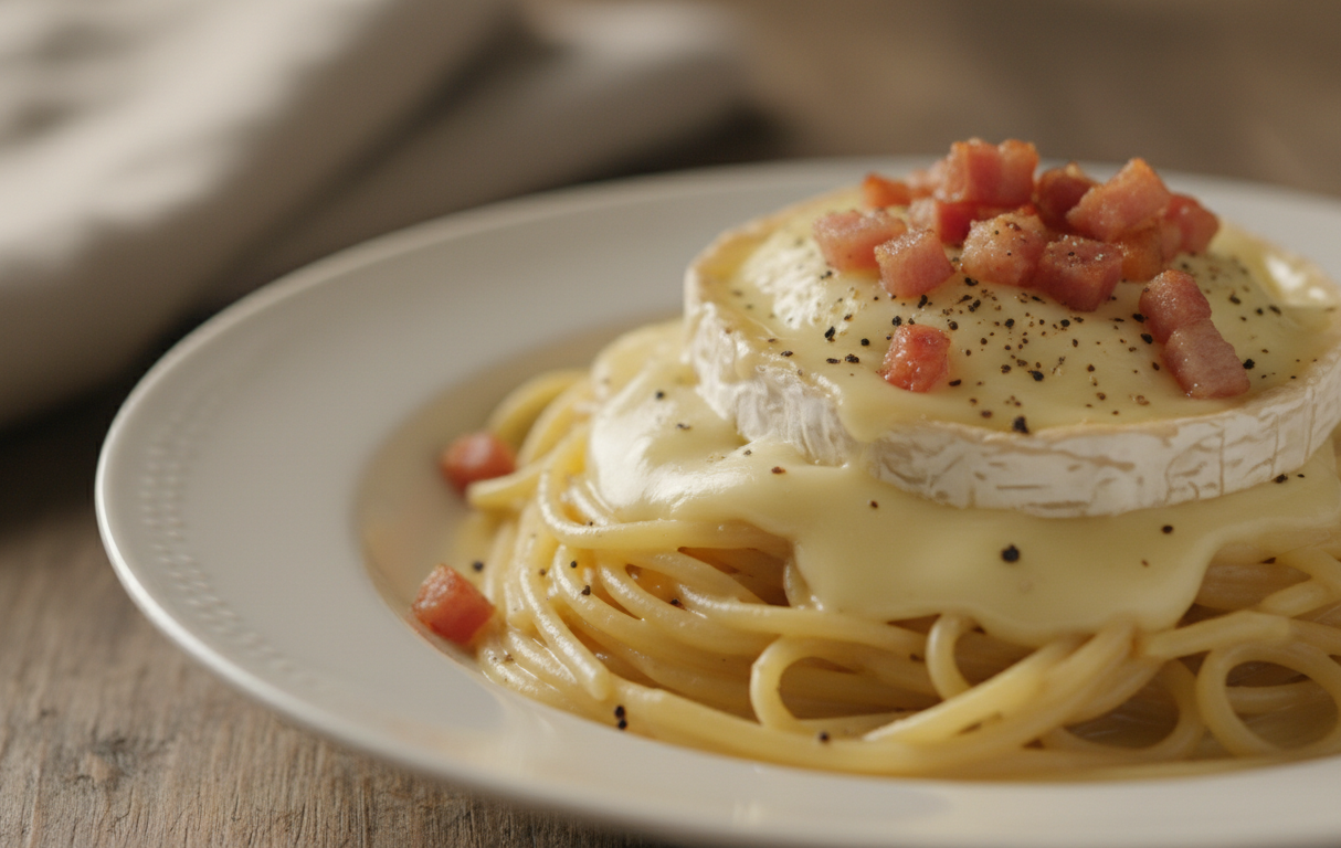 découvrez notre recette revisitée de pâtes à la carbonara, sublimée par l'onctuosité généreuse du camembert pour un plat savoureux et gourmand.