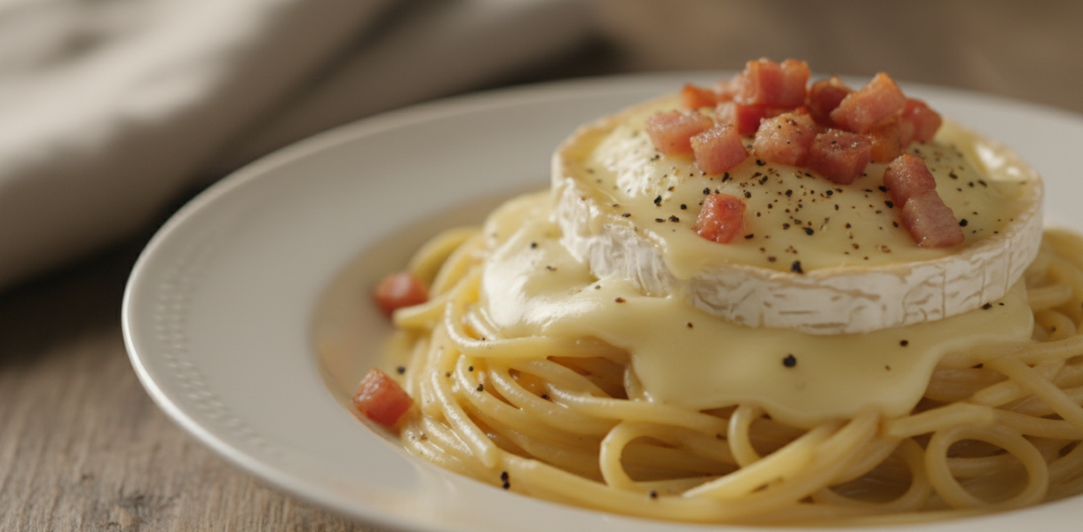 découvrez notre recette revisitée de pâtes à la carbonara, sublimée par l'onctuosité généreuse du camembert pour un plat savoureux et gourmand.