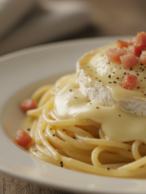 découvrez notre recette revisitée de pâtes à la carbonara, sublimée par l'onctuosité généreuse du camembert pour un plat savoureux et gourmand.