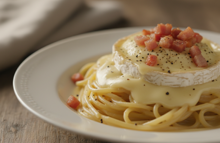 découvrez notre recette revisitée de pâtes à la carbonara, sublimée par l'onctuosité généreuse du camembert pour un plat savoureux et gourmand.